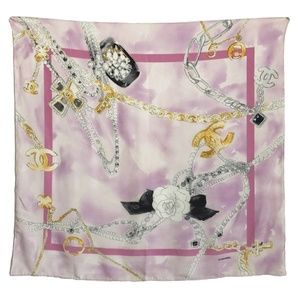 Chanel Silk Scarf Shawl Bijoux Jewelry CC Logo Pearls Pink 34in Vintage + COA